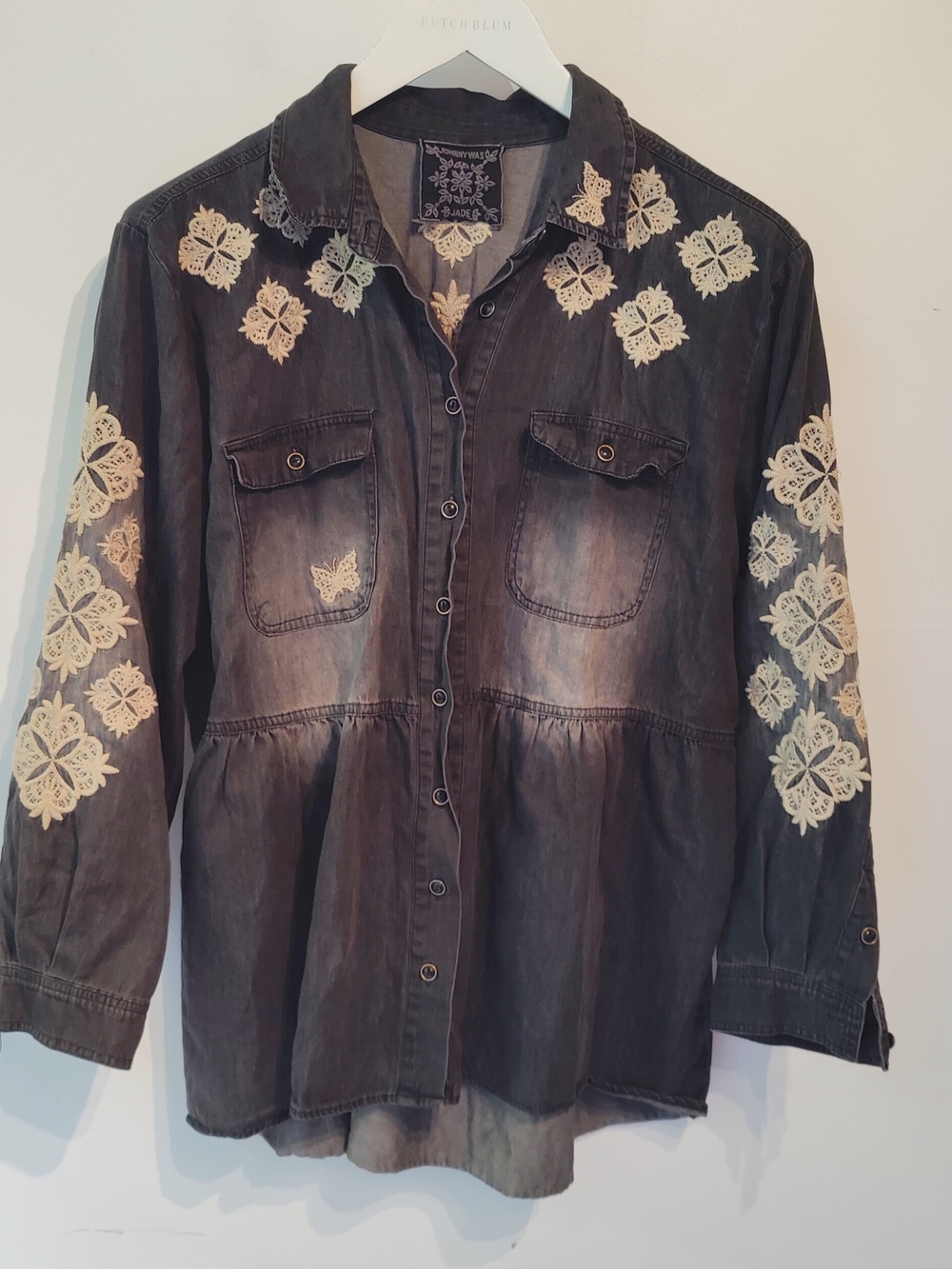Johnny Was Black Embroidered Lace-Accent Button-Front Jacket L